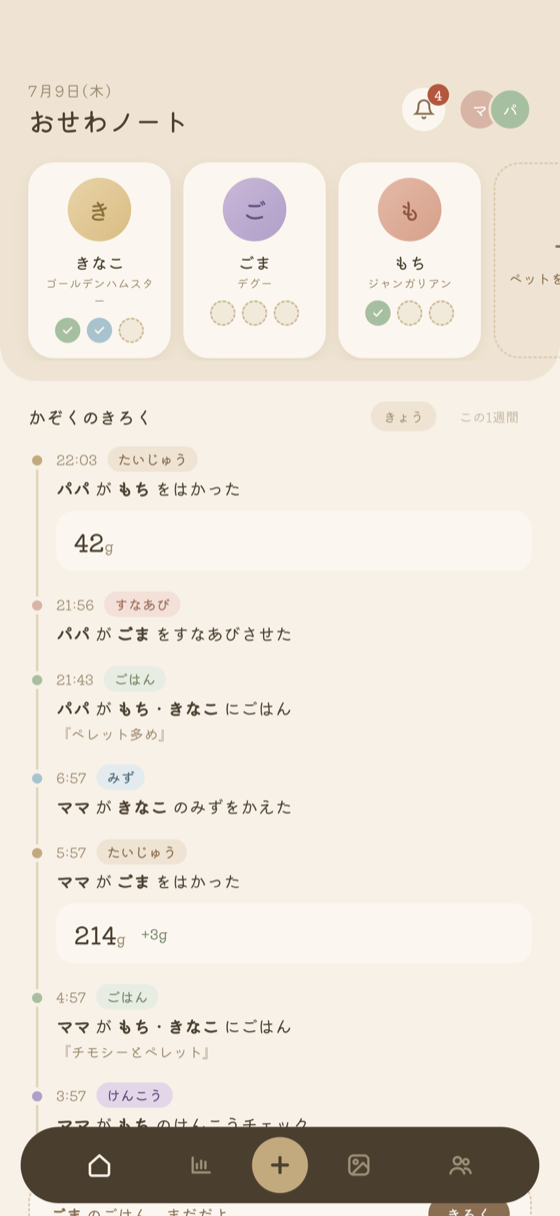 おせわノートのホーム画面。今日のお世話状況が一覧できる